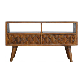 Reva Media Unit Chestnut Finish Geometric Carved Drawers