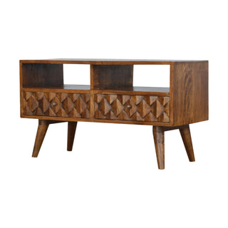Reva Media Unit Chestnut Finish Geometric Carved Drawers