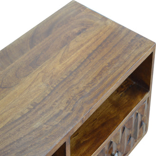 Reva Media Unit Chestnut Finish Geometric Carved Drawers