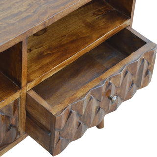 Reva Media Unit Chestnut Finish Geometric Carved Drawers