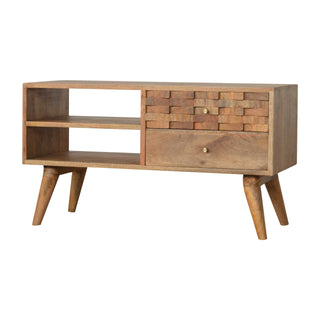 Croft TV Media Unit Oak Mango Wood Brick-Tile Hand-Carved Drawer Fronts with Nordic Legs