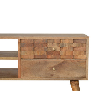 Croft TV Media Unit Oak Mango Wood Brick-Tile Hand-Carved Drawer Fronts with Nordic Legs