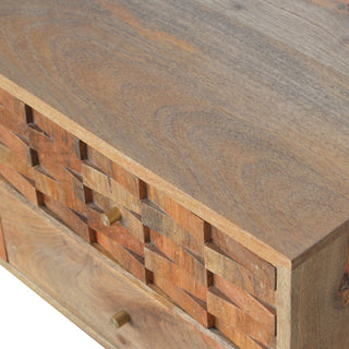 Croft TV Media Unit Oak Mango Wood Brick-Tile Hand-Carved Drawer Fronts with Nordic Legs