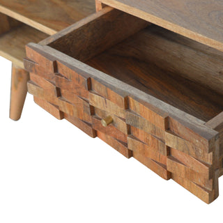 Croft TV Media Unit Oak Mango Wood Brick-Tile Hand-Carved Drawer Fronts with Nordic Legs
