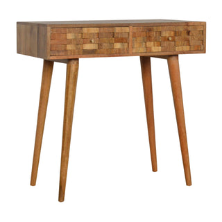 Paxon Slim Console Table Single Full-Width Drawer Hand-Carved Tile Relief Natural Oak Mango Wood