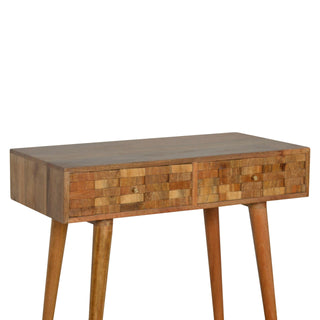 Paxon Slim Console Table Single Full-Width Drawer Hand-Carved Tile Relief Natural Oak Mango Wood