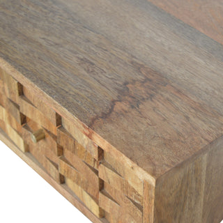 Paxon Slim Console Table Single Full-Width Drawer Hand-Carved Tile Relief Natural Oak Mango Wood