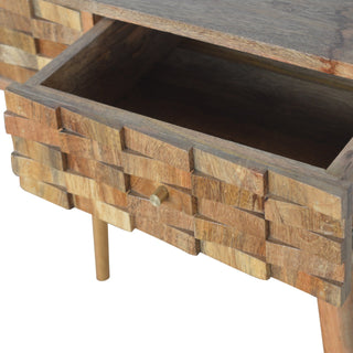 Paxon Slim Console Table Single Full-Width Drawer Hand-Carved Tile Relief Natural Oak Mango Wood