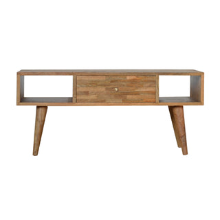 Clio Coffee Table with Storage Mixed Wood Mosaic Drawer Open Cubby Slots