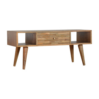 Clio Coffee Table with Storage Mixed Wood Mosaic Drawer Open Cubby Slots