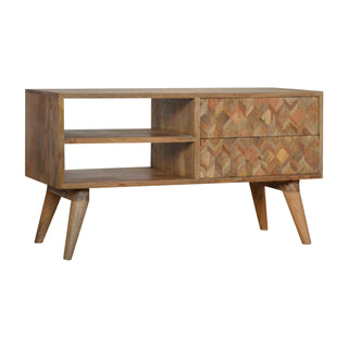 Patchwork Media Unit Oak Mango Wood Multicolour Parquet Wood Mosaic Drawers with Nordic Legs