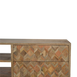 Patchwork Media Unit Oak Mango Wood Multicolour Parquet Wood Mosaic Drawers with Nordic Legs