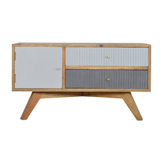 Linen Media Unit Oak & Dual-Tone Grey Painted Ribbed Drawer Fronts Candle Knobs with Nordic Legs