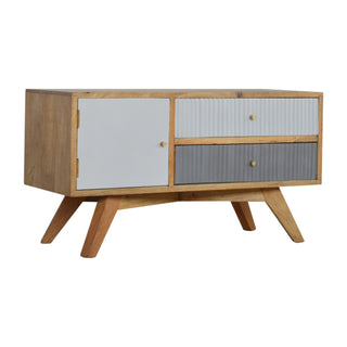 Linen Media Unit Oak & Dual-Tone Grey Painted Ribbed Drawer Fronts Candle Knobs with Nordic Legs