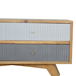 Linen Media Unit Oak & Dual-Tone Grey Painted Ribbed Drawer Fronts Candle Knobs with Nordic Legs