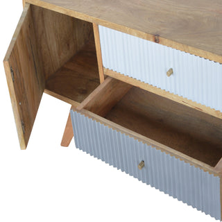 Linen Media Unit Oak & Dual-Tone Grey Painted Ribbed Drawer Fronts Candle Knobs with Nordic Legs