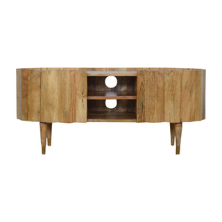 Barrel Media Unit Natural Oak Mango Wood Vertical Ridge-Wrapped Oval Body with Tapered Legs