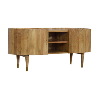 Barrel Media Unit Natural Oak Mango Wood Vertical Ridge-Wrapped Oval Body with Tapered Legs