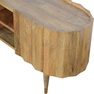 Barrel Media Unit Natural Oak Mango Wood Vertical Ridge-Wrapped Oval Body with Tapered Legs