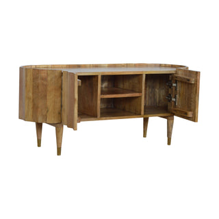 Barrel Media Unit Natural Oak Mango Wood Vertical Ridge-Wrapped Oval Body with Tapered Legs