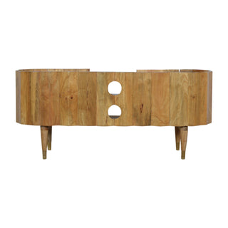 Barrel Media Unit Natural Oak Mango Wood Vertical Ridge-Wrapped Oval Body with Tapered Legs