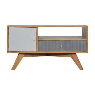 Parlo Media Unit Oak & Grey Asymmetric Cabinet Door Ribbed Drawer Candle Knob with Nordic Legs