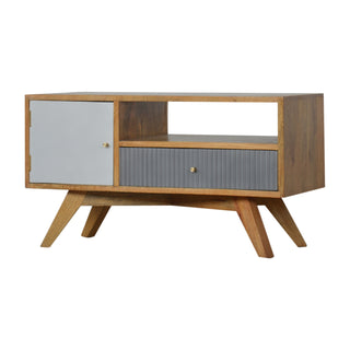 Parlo Media Unit Oak & Grey Asymmetric Cabinet Door Ribbed Drawer Candle Knob with Nordic Legs