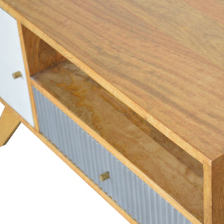 Parlo Media Unit Oak & Grey Asymmetric Cabinet Door Ribbed Drawer Candle Knob with Nordic Legs