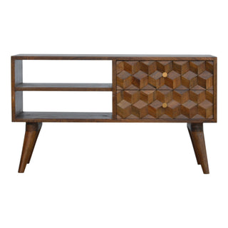 Zeno Media Unit Chestnut Finish Cube Carved Drawers Open Shelf