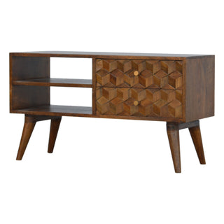 Zeno Media Unit Chestnut Finish Cube Carved Drawers Open Shelf