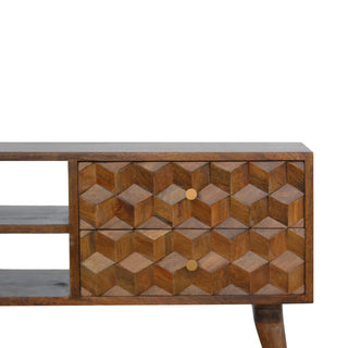 Zeno Media Unit Chestnut Finish Cube Carved Drawers Open Shelf