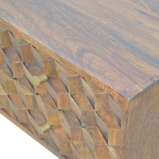 Zeno Media Unit Chestnut Finish Cube Carved Drawers Open Shelf