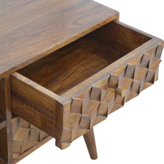 Zeno Media Unit Chestnut Finish Cube Carved Drawers Open Shelf