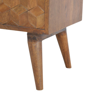 Zeno Media Unit Chestnut Finish Cube Carved Drawers Open Shelf