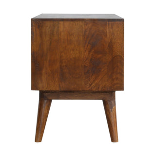 Zeno Media Unit Chestnut Finish Cube Carved Drawers Open Shelf