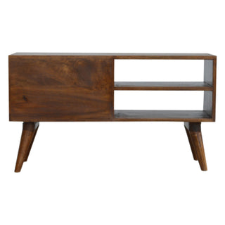 Zeno Media Unit Chestnut Finish Cube Carved Drawers Open Shelf