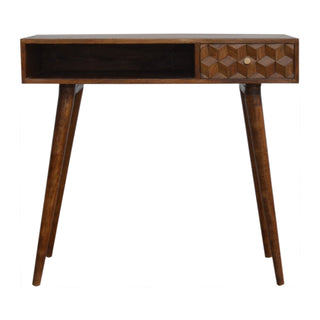 Obsidian Writing Desk Mango Wood Diamond Cube-Carved Drawer Dark Chestnut