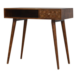 Obsidian Writing Desk Mango Wood Diamond Cube-Carved Drawer Dark Chestnut