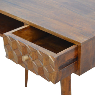 Obsidian Writing Desk Mango Wood Diamond Cube-Carved Drawer Dark Chestnut