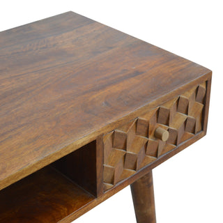 Obsidian Writing Desk Mango Wood Diamond Cube-Carved Drawer Dark Chestnut
