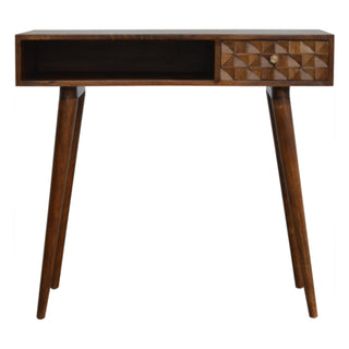 Flint Writing Desk Mango Wood Diamond Cube-Carved Drawer Chestnut With Open Slot