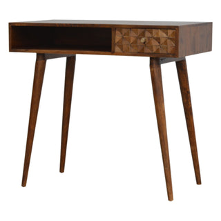 Flint Writing Desk Mango Wood Diamond Cube-Carved Drawer Chestnut With Open Slot
