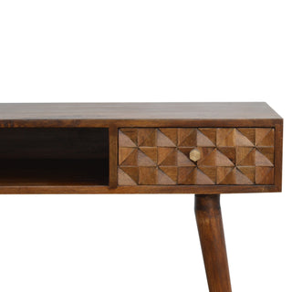 Flint Writing Desk Mango Wood Diamond Cube-Carved Drawer Chestnut With Open Slot