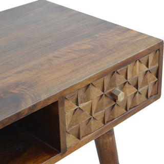Flint Writing Desk Mango Wood Diamond Cube-Carved Drawer Chestnut With Open Slot