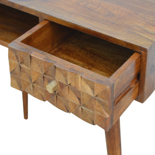 Flint Writing Desk Mango Wood Diamond Cube-Carved Drawer Chestnut With Open Slot