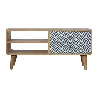 Indra Media Unit Oak Mango Wood Blue & White Diamond Wave Screen-Printed Drawers Curved Base