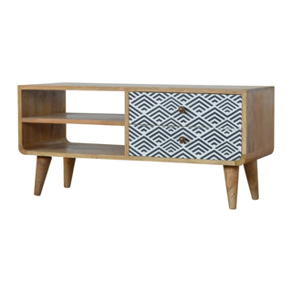 Indra Media Unit Oak Mango Wood Blue & White Diamond Wave Screen-Printed Drawers Curved Base