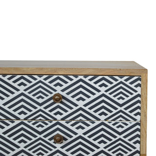 Indra Media Unit Oak Mango Wood Blue & White Diamond Wave Screen-Printed Drawers Curved Base