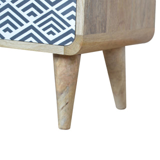 Indra Media Unit Oak Mango Wood Blue & White Diamond Wave Screen-Printed Drawers Curved Base