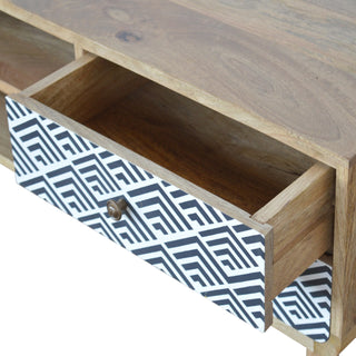 Indra Media Unit Oak Mango Wood Blue & White Diamond Wave Screen-Printed Drawers Curved Base